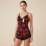 Black & Red Lip Print Babydoll Romper with Lace Trim