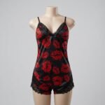 Black & Red Lip Print Babydoll Romper with Lace Trim - Image 2