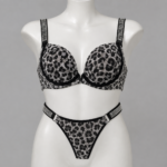Leopard Print Push-Up Bra & Thong Set with Rhinestone Straps