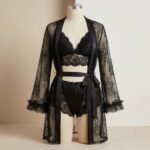 Women's 3-Piece Black Lace Lingerie Set with Sheer Robe