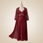 Maroon Satin 2-Piece Robe & Nightgown Set with Pearl & Lace