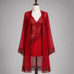 Red Lace 2-Piece Robe & Nightgown Set with Fringe Trim - Image 2