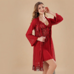 Red Lace 2-Piece Robe & Nightgown Set with Fringe Trim