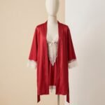 Red Satin 2-Piece Nightwear Set with White Lace Trim - Image 2