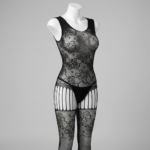 Women's Black Fishnet Bodystocking – Lace Print with Garter-Style Straps