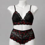 Women's Black Lace Bra & Panty Set with Red Lip Print Trim