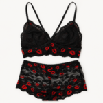 Women's Black Lace Bra & Panty Set with Red Lip Print Trim - Image 2