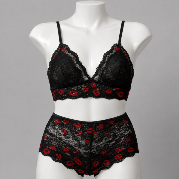 Women's Black Lace Bra & Panty Set with Red Lip Print Trim