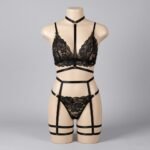 Women's Black Lace Harness Lingerie Set with Choker & Garter Straps