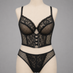 Women's Black Lace Longline Bra & Panty Set with Corset-Style