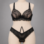 Women's Black Lace Push-Up Bra & Panty Set with Scalloped Trim