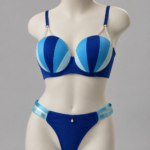 Women's Blue Multicolor Padded Bra & Thong Set with Pearl Strap