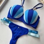 Women's Blue Multicolor Padded Bra & Thong Set with Pearl Strap - Image 2
