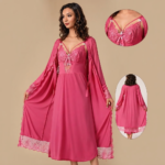 Women's Hot  Satin 2-Piece Robe & Nightgown Set with Lace Trim