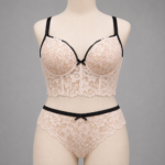 Women's Nude Lace Longline Bra & Panty Set with Black Strap Contrast