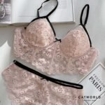 Women's Nude Lace Longline Bra & Panty Set with Black Strap Contrast - Image 2