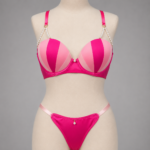 Women's Pink Multicolor Padded Bra & Thong Set with Pearl Strap