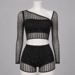 Women's Black Rhinestone Fishnet 2-Piece Crop Top & Shorts Set - Image 2