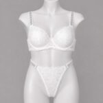 Women's White Lace Push-Up Bra & Thong Set with Rhinestone Straps